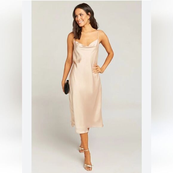 NWT Dear Cleo Pink Champagne lux satin cowl bust strap midi dress size 10 - Picture 1 of 10
